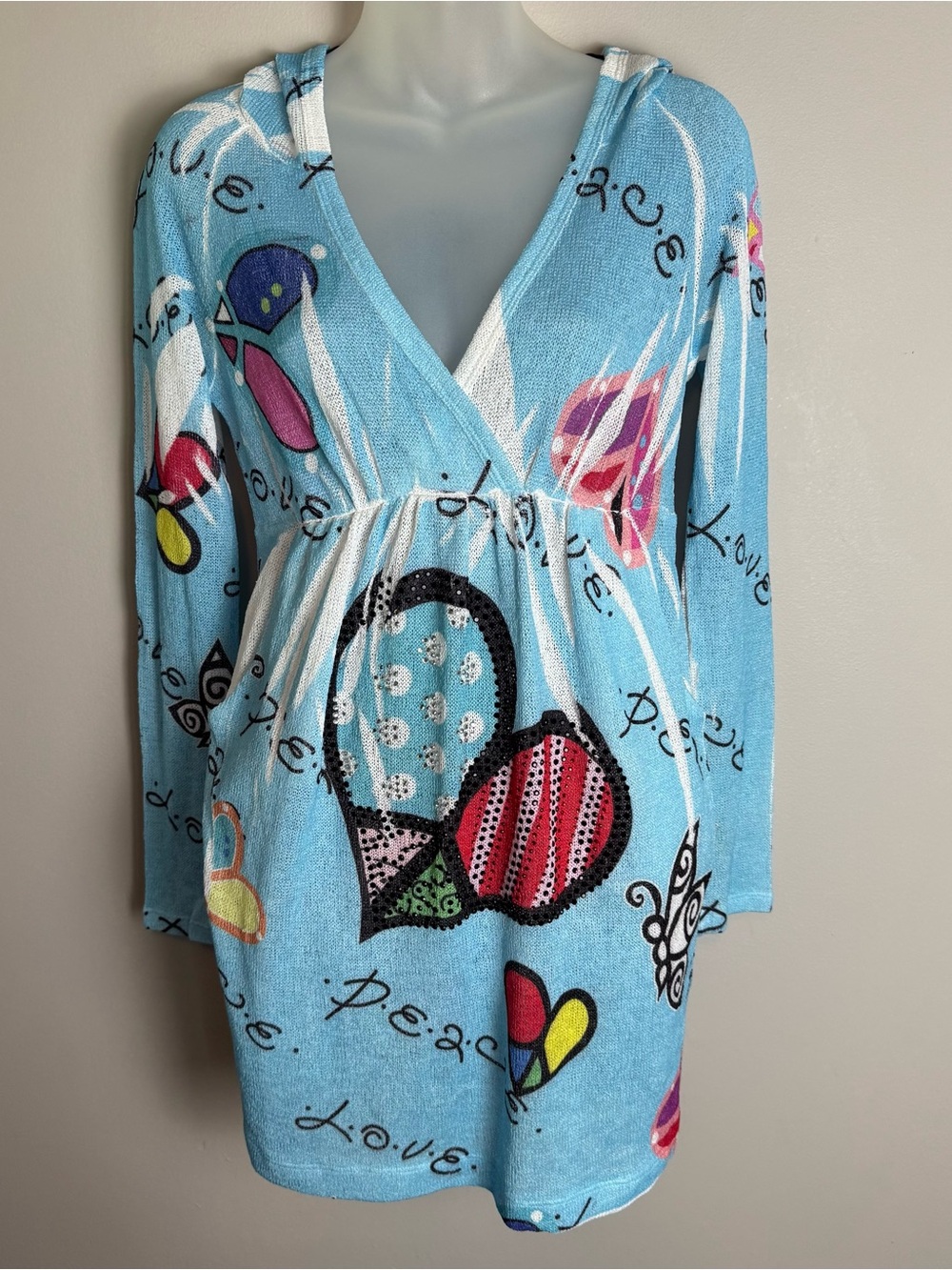 Crimson Ivy Blue Peace And Love Rhinestone Hooded V Neck Tunic Top
